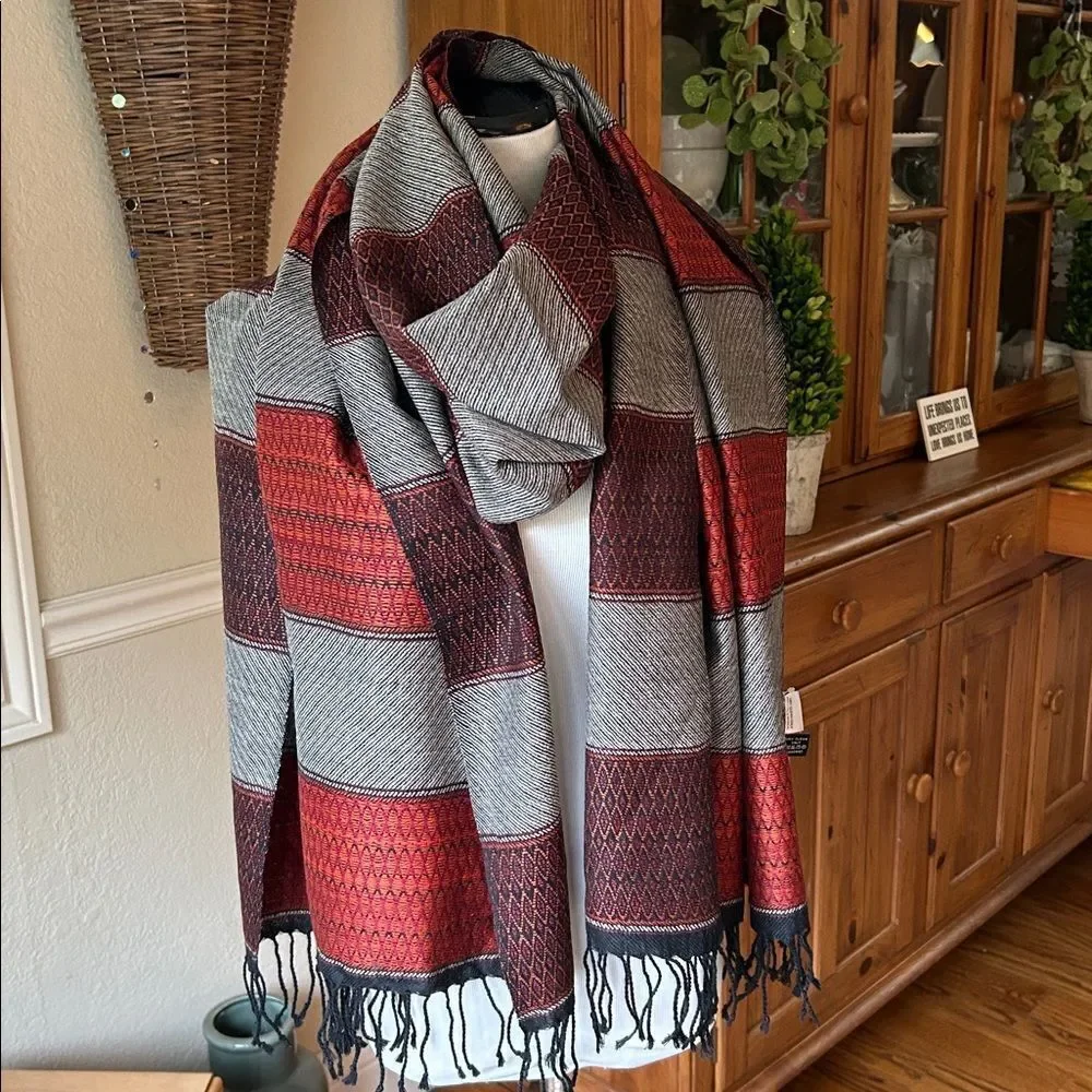 Westside Red and Black 100% Wool Scarf with Fringe NWT